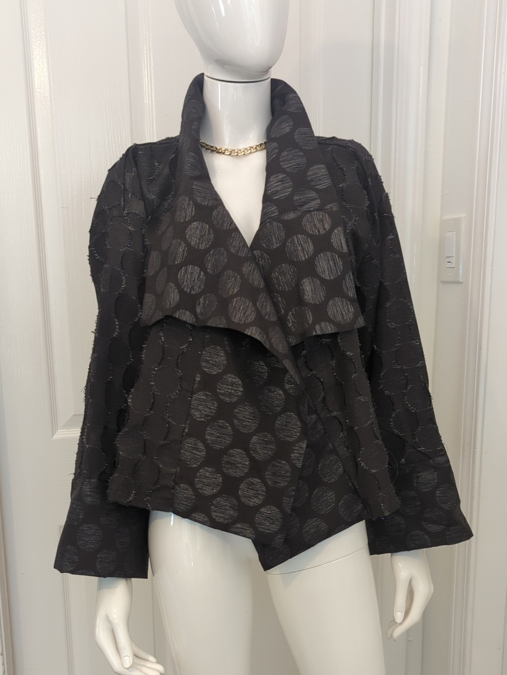 Vintage Sterling Style Black Metallic Art Silk Textured Polka Dot Jacket OS